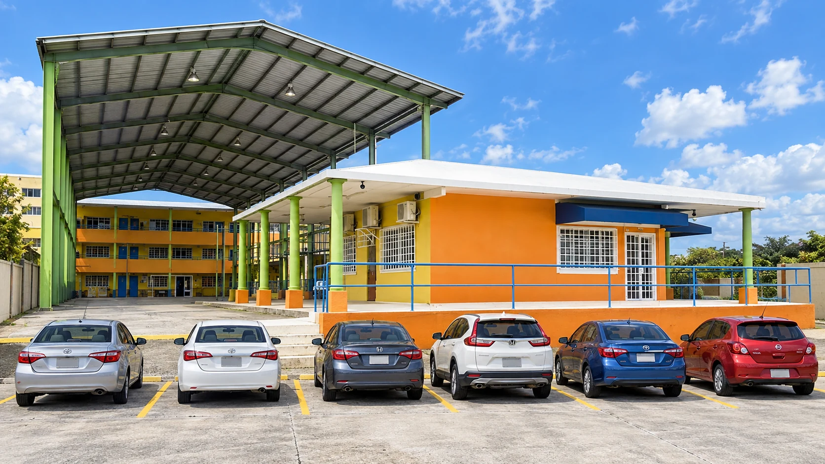 Recreación conceptual generada con IA a partir de referencias: fachada naranja y amarilla, columnas verdes, patio techado y seis carros al frente